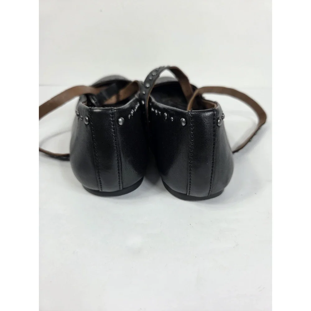 Free People Grace Studded Ballet Flat Black Leather Women Sz 6 Strap Up